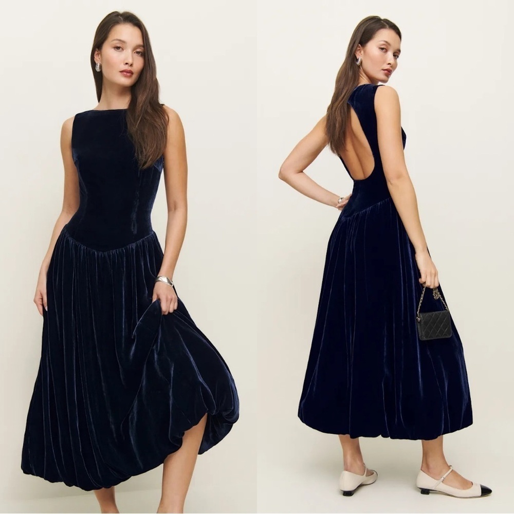 NWT Reformation Elvira Velvet Boat Neck Open Back Midi Maxi Dress Navy Blue
